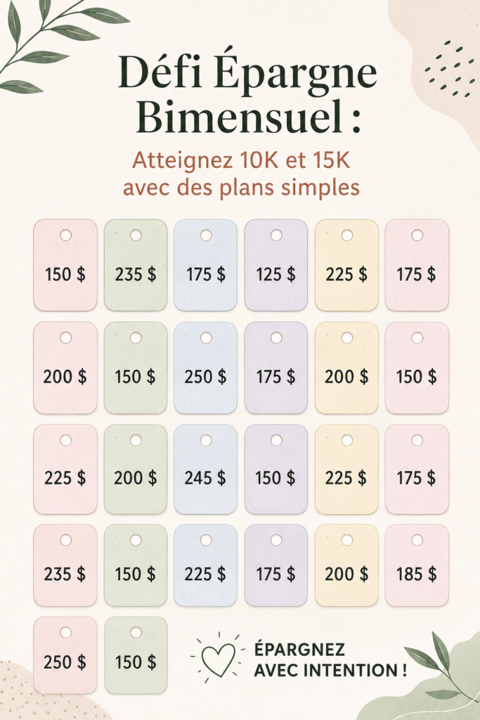 Illustration d'une femme heureuse planifiant ses finances pour un défi épargne bimensuel.