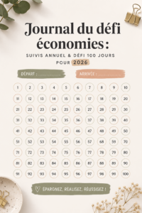 Journal d'économies sur une table avec un stylo, feuille de suivi et une calculatrice