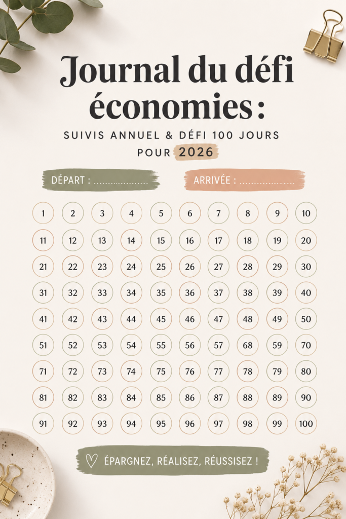 Journal d'économies sur une table avec un stylo, feuille de suivi et une calculatrice