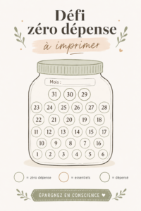 Impression d'outils pour un défi sans dépenses, designer avec des couleurs apaisantes et des espaces pour noter les progrès.