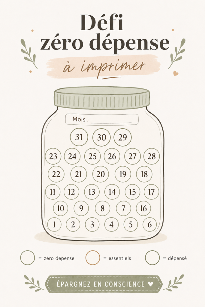 Impression d'outils pour un défi sans dépenses, designer avec des couleurs apaisantes et des espaces pour noter les progrès.