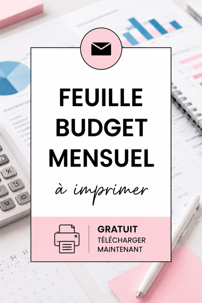 Une feuille de budget mensuel printable sur un bureau, avec des stylos et des notes autour