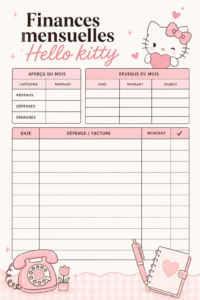 Illustration de Hello Kitty tenant un tableau de finances avec des graphiques colorés.