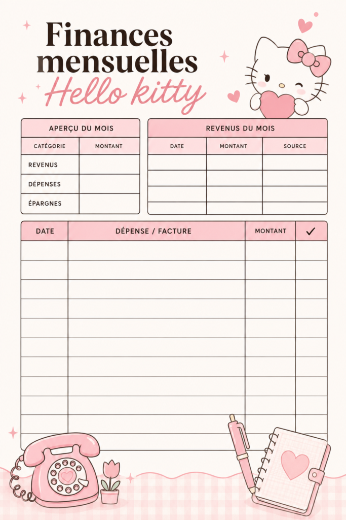 Illustration de Hello Kitty tenant un tableau de finances avec des graphiques colorés.