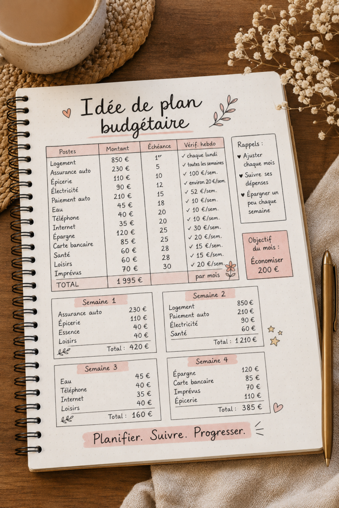 Femme examinant un plan de budget sur un carnet avec des calculs, représentant la gestion des finances personnelles.