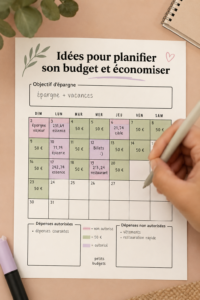 Visuel d'un planificateur de budget avec des stylos et des notes financières