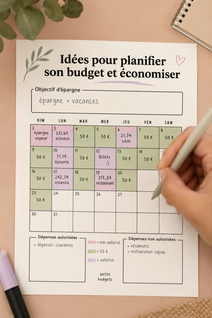 Visuel d'un planificateur de budget avec des stylos et des notes financières