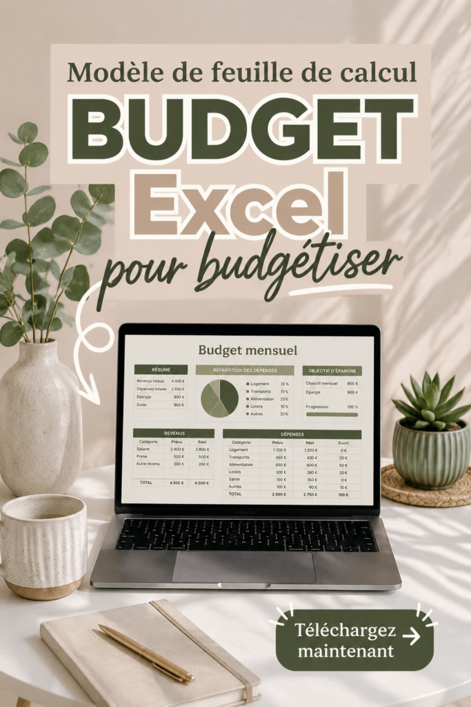 Modèle de budget Excel avec des graphiques colorés et des champs de dépenses.