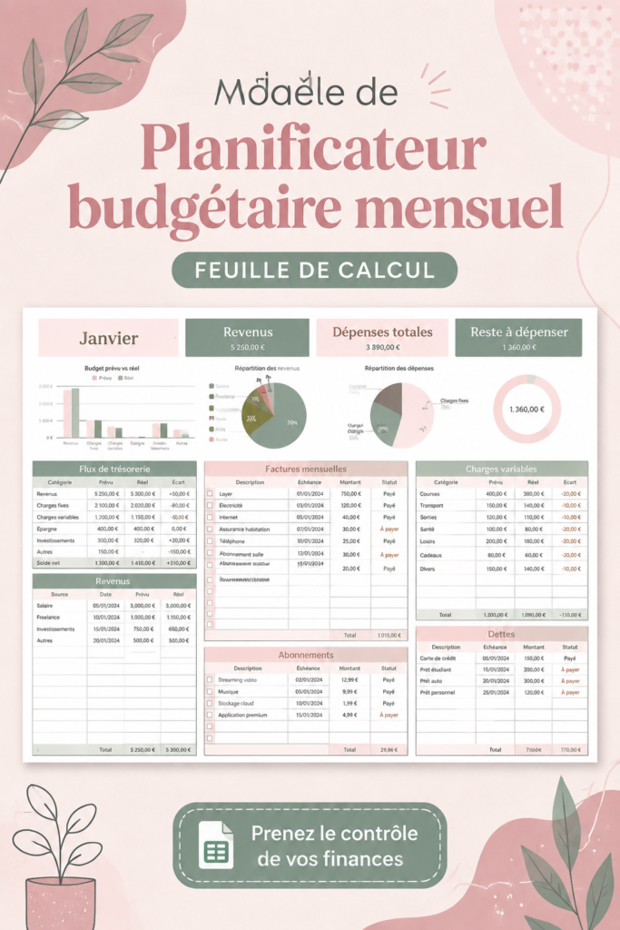 Capture d'écran d'un planificateur de budget mensuel sur Google Sheets