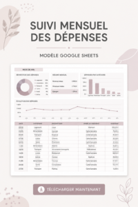 Modèle de suivi des dépenses mensuelles sur Google Sheets affiché sur un écran d'ordinateur.