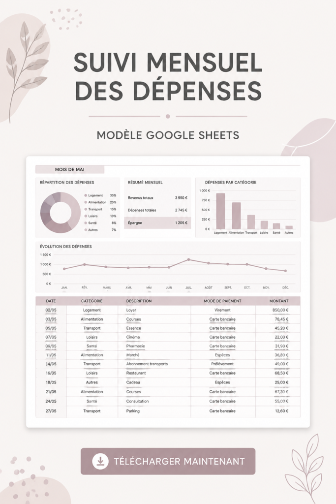 Modèle de suivi des dépenses mensuelles sur Google Sheets affiché sur un écran d'ordinateur.
