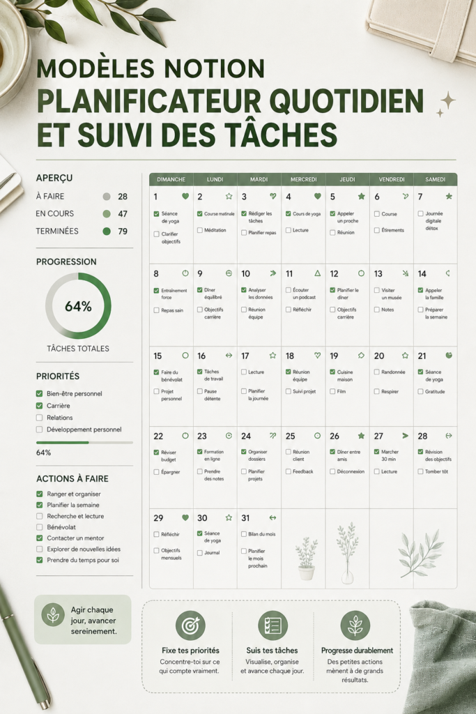 Une capture d'écran d'un template de planning quotidien dans Notion.
