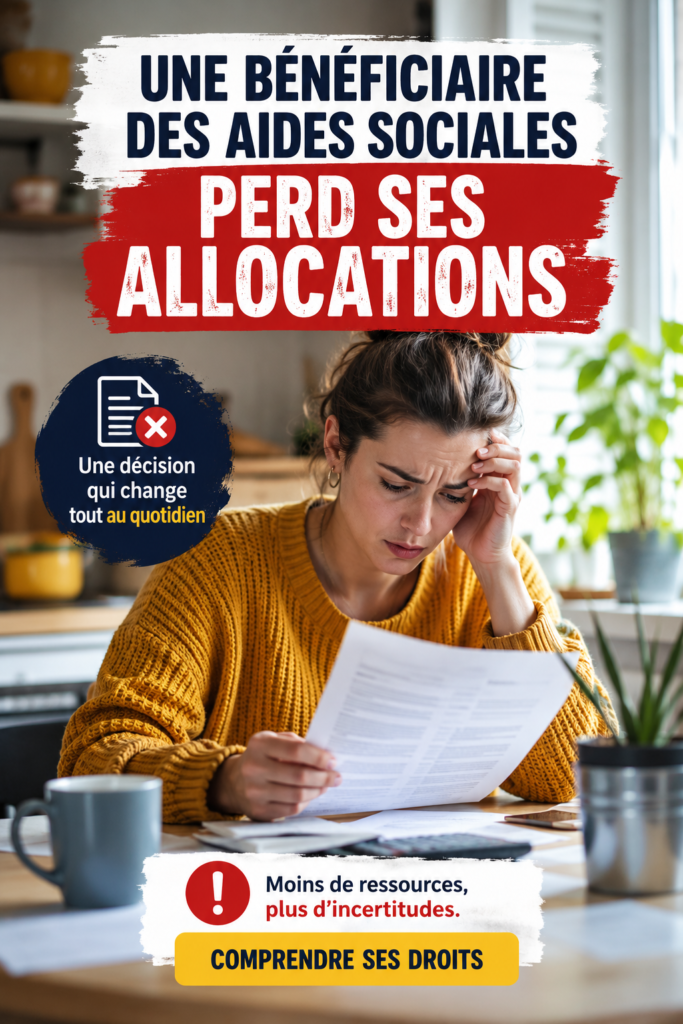 Femme regardant des documents sur une table, préoccupée par la perte d'allocations sociales.