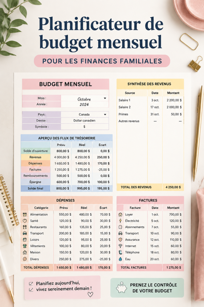 Un planificateur de budget familial ouvert sur une table avec un stylo.
