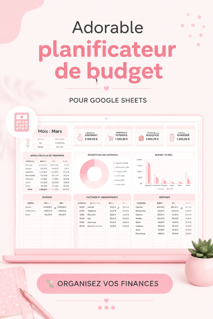 Planificateur de budget mignon sur Google Sheets avec graphiques colorés