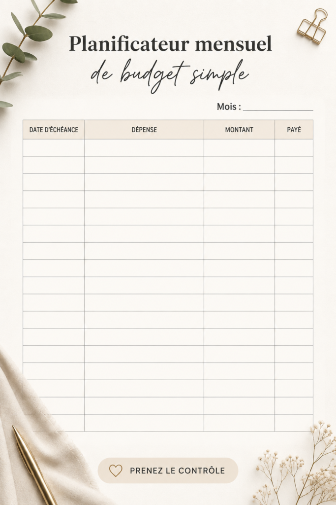 Planificateur de budget mensuel gratuit imprimé sur une table avec des fournitures de bureau.