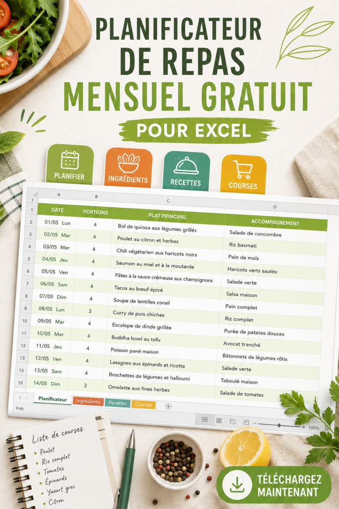 Planificateur de repas gratuit sur Excel pour une organisation simplifiée