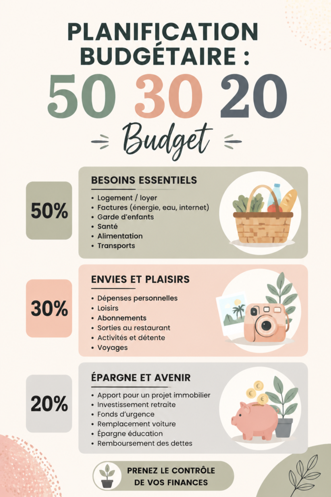 Une femme souriante planifie son budget avec la méthode 50-30-20 sur sa table