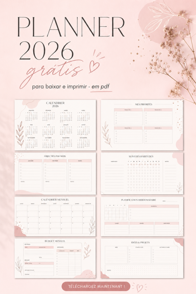 Planner 2026 à imprimer en PDF avec un design élégant et pratique.