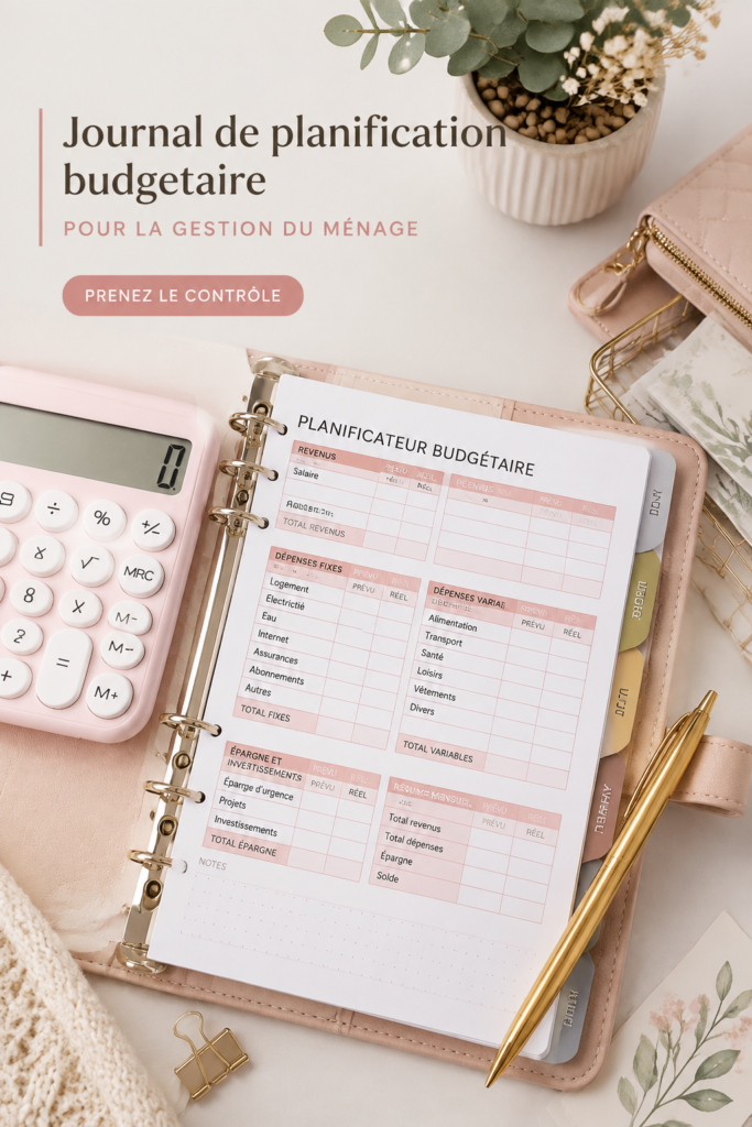 Une femme souriante utilisant un planner de budget sur une table
