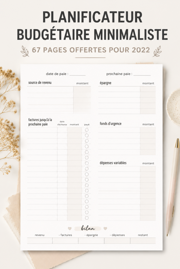 Femme écrivant sur un planner budget minimaliste sur une table en bois