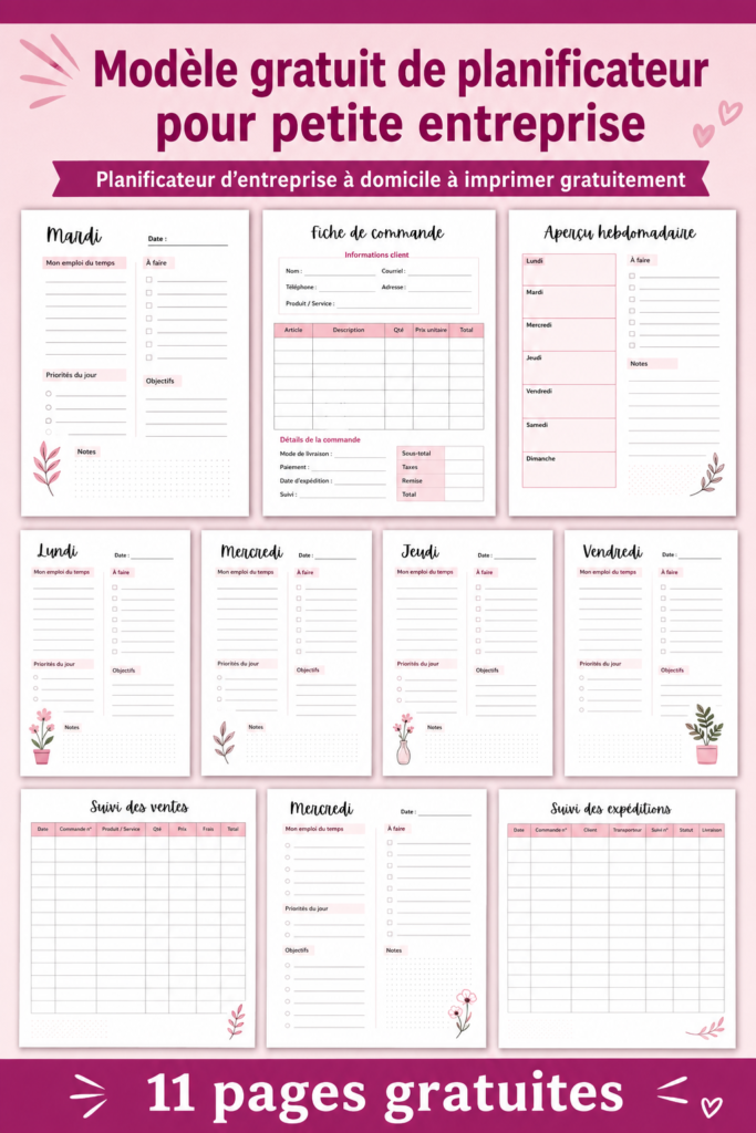 Modèle de planner d'entreprise gratuit à imprimer avec des sections claires.