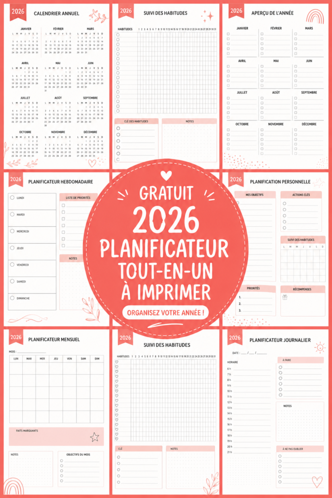 un planner 2026 coloré posé sur un bureau avec des stylos