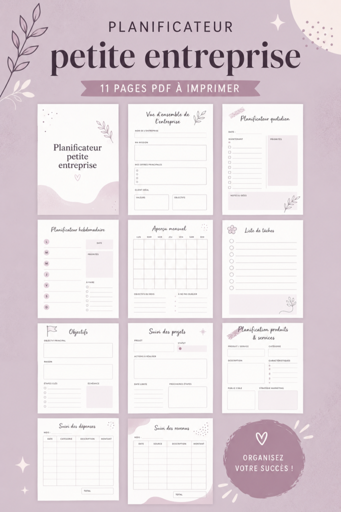 Image d'un planner ouvert avec des notes et des outils de travail, idéal pour la gestion d'une petite entreprise.