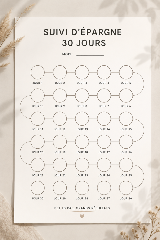 Un tracker d'économies de 30 jours sur un bureau, avec un stylo et des pièces de monnaie.