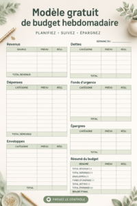 Template de budget hebdomadaire gratuit sur une table avec des fournitures de bureau.