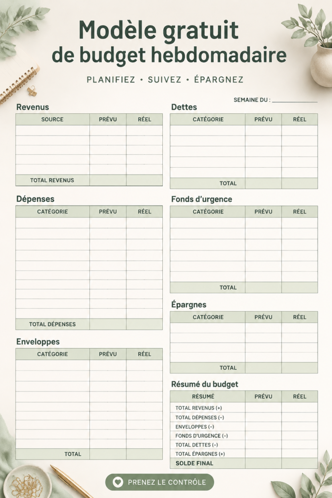 Template de budget hebdomadaire gratuit sur une table avec des fournitures de bureau.