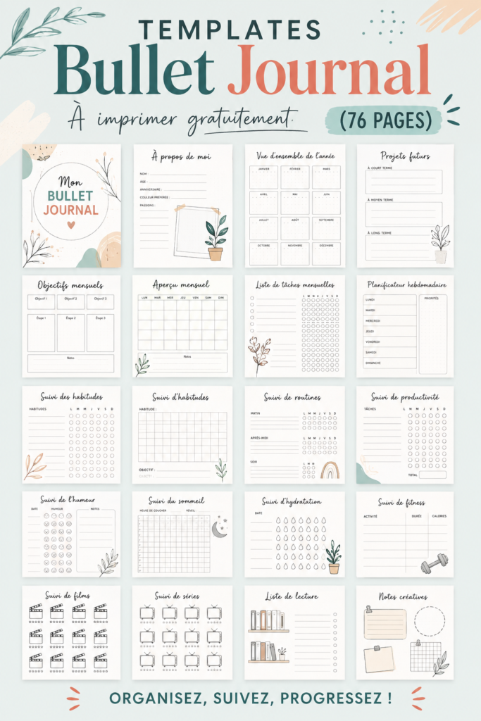 Modèles de bullet journal gratuits et imprimables, adaptés à la gestion quotidienne et financière.