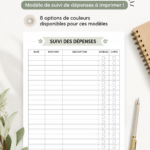 Un aperçu d'un tracker de dépenses imprimable coloré pour faciliter la gestion budgétaire.