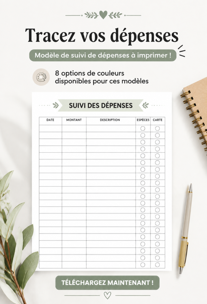 Un aperçu d'un tracker de dépenses imprimable coloré pour faciliter la gestion budgétaire.