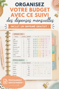 Une image d'un tracker de factures avec des sections pour noter les dépenses mensuelles et un stylo.