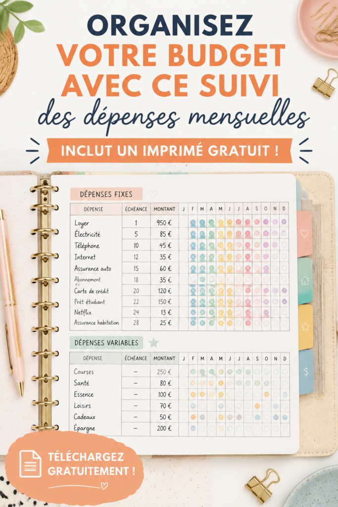 Une image d'un tracker de factures avec des sections pour noter les dépenses mensuelles et un stylo.