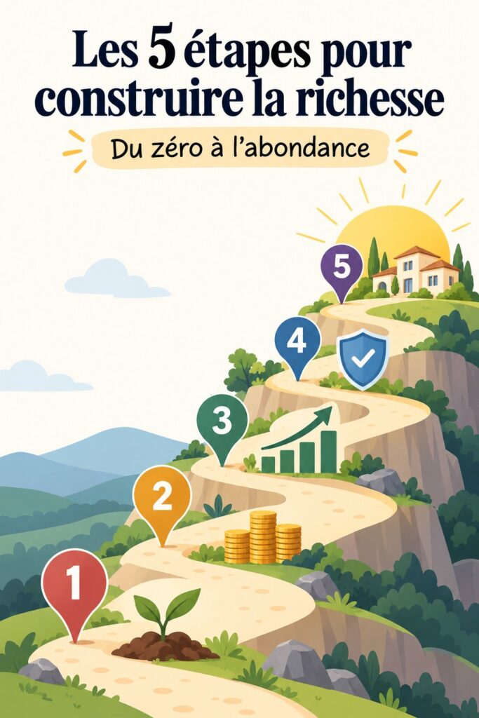 Illustration d'une femme réfléchissant à ses finances personnelles et aux 5 étapes de la richesse