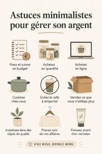 Une femme souriante examinant ses finances avec un carnet et un stylo, adoptant une approche minimaliste.