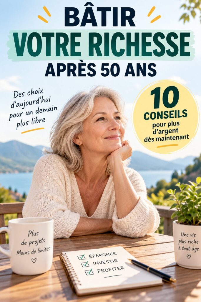 Une femme de 50 ans souriante mettant en place un plan financier avec des documents et un ordinateur sur une table.