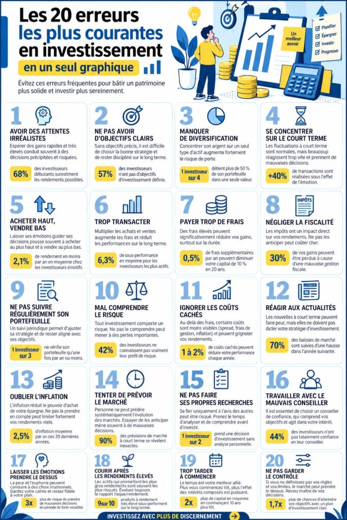 Infographie sur les erreurs d'investissement courantes pour les femmes en finances.
