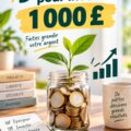 Femme souriante examinant des chiffres et des graphiques en considérant des options d'investissement pour 1 000 €.