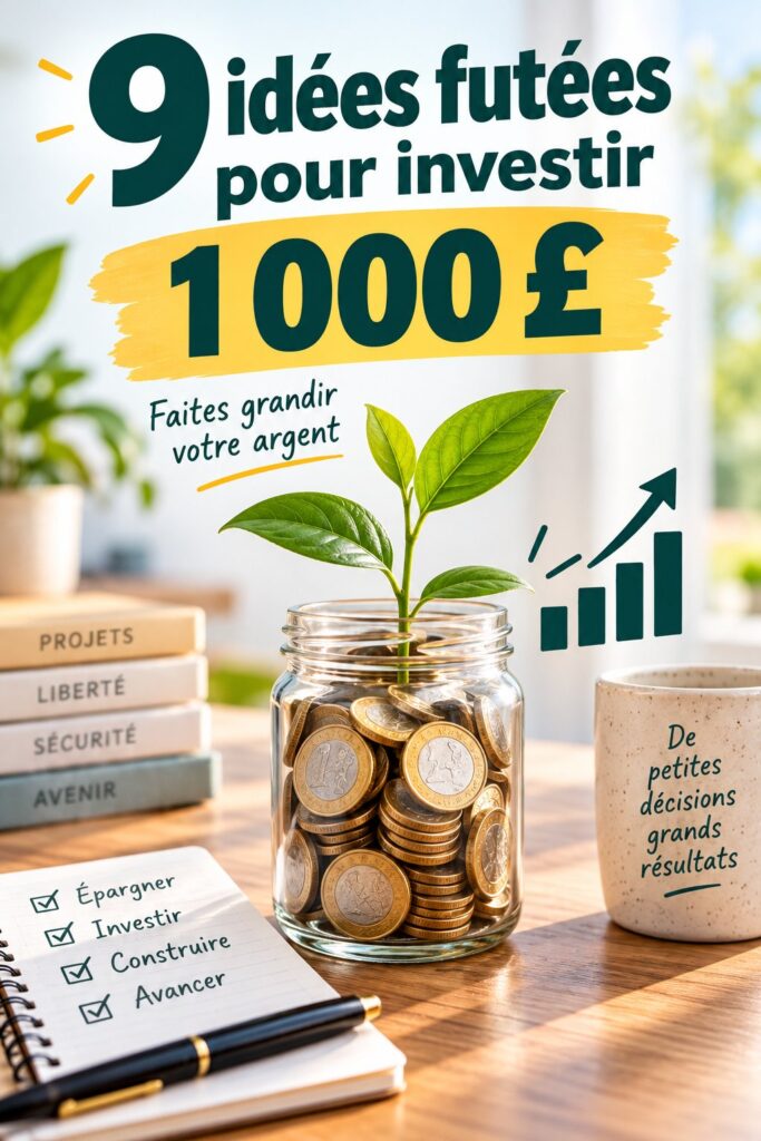Femme souriante examinant des chiffres et des graphiques en considérant des options d'investissement pour 1 000 €.