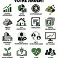Une femme souriante consulté des documents financiers sur un bureau, représentant l'investissement.
