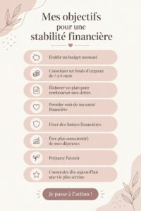 Femme méditant devant un carnet financier, établissant des objectifs pour sa stabilité économique.