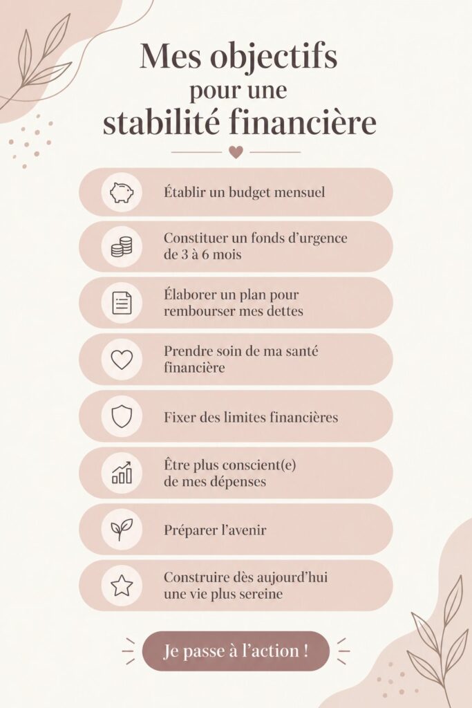 Femme méditant devant un carnet financier, établissant des objectifs pour sa stabilité économique.