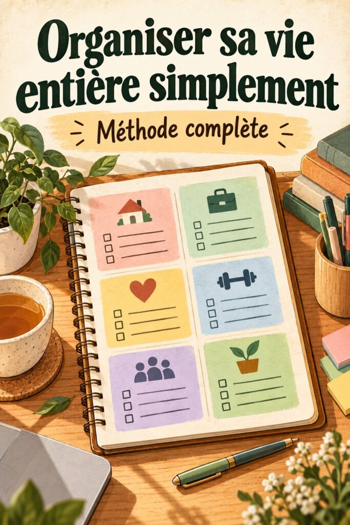 Femme souriante travaillant sur son organisation personnelle avec un agenda et une tasse de thé.
