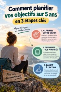 Femme souriante planifiant ses objectifs financiers pour les 5 prochaines années.