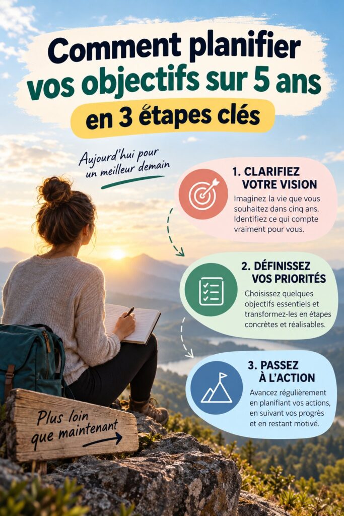 Femme souriante planifiant ses objectifs financiers pour les 5 prochaines années.
