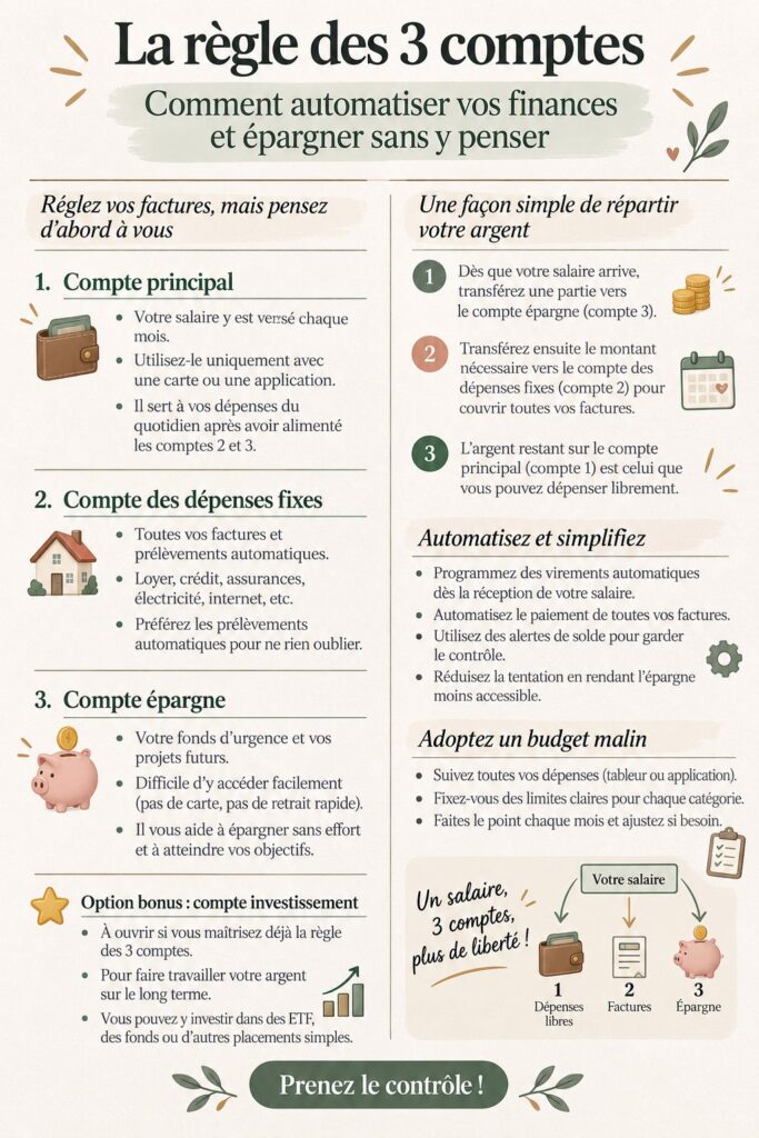 Graphique illustrant la règle des 3 comptes pour la gestion financière