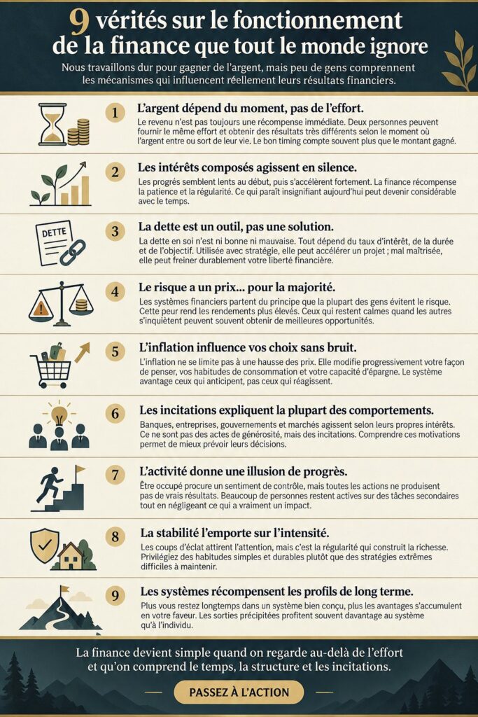 Femme souriante lisant un livre sur la gestion financière avec un bloc-notes et un café à la main.